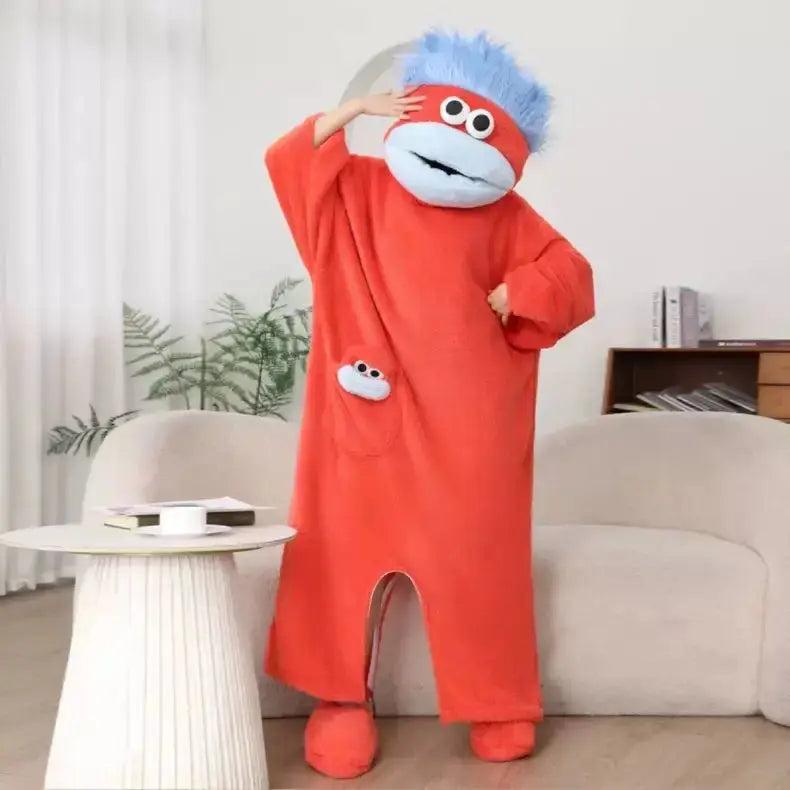 Hangyodon One Piece Coral Fleece Pajamas Thick Warm Winter Cartoon Funny Fish Mouth Sleepwear For Women Men Couple Loungewear