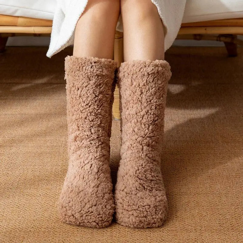 1pair Thickened Winter Woven Thermal Cashmere Floor Socks Solid Color Velvet Carpet Sleep Socks Anti Slip Floor Slipper Sock