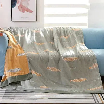 Reversible Cotton Gauze Blanket Lightweight 5-Layer Muslin Throw with Fish Pattern Breathable Soft Bedspread Nautical Home Decor