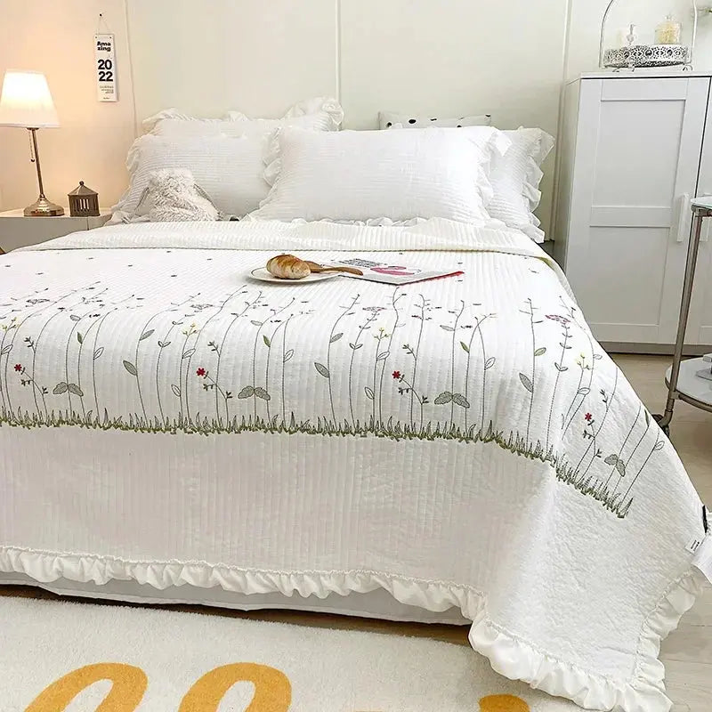 Flower Embroidered Spring Summer Blanket 4/3/1 Pcs Ruffled Quilted Summer Quilt Set Machine Washable Lightweight Comforter Duvet
