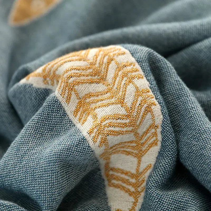 Reversible Cotton Gauze Blanket Lightweight 5-Layer Muslin Throw with Fish Pattern Breathable Soft Bedspread Nautical Home Decor