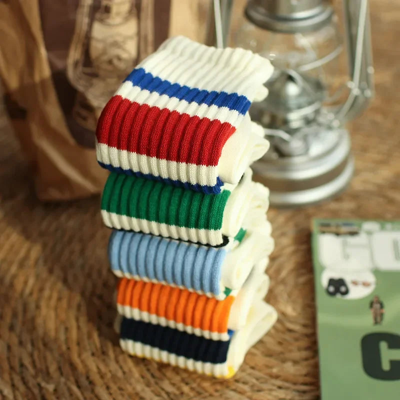 Vintage Men's Striped Medium Tube Socks Vintage Striped Unisex Women Couple Terry Socks Japanese Thick Towel Bottom Sports Socks