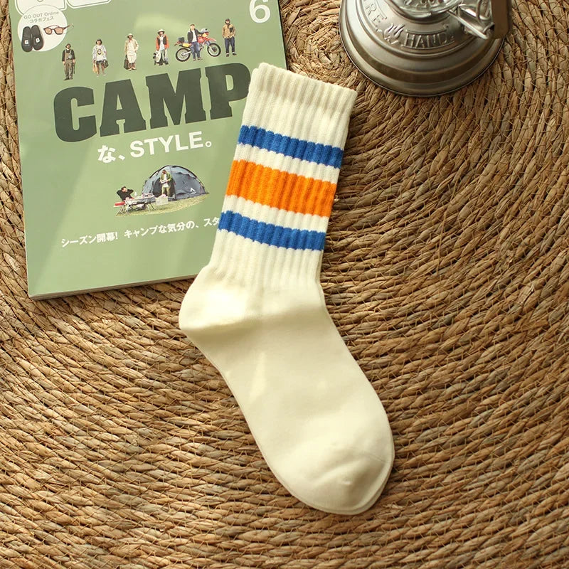 Vintage Men's Striped Medium Tube Socks Vintage Striped Unisex Women Couple Terry Socks Japanese Thick Towel Bottom Sports Socks