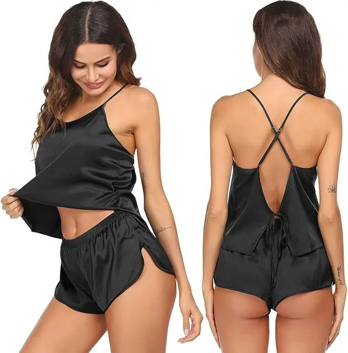 Multi-colored Sexy Silk Pajamas Set for Women Satin Backless Lingerie Pjs Cami Top and Short Nightwear Lady Nightgowns Sleepwear