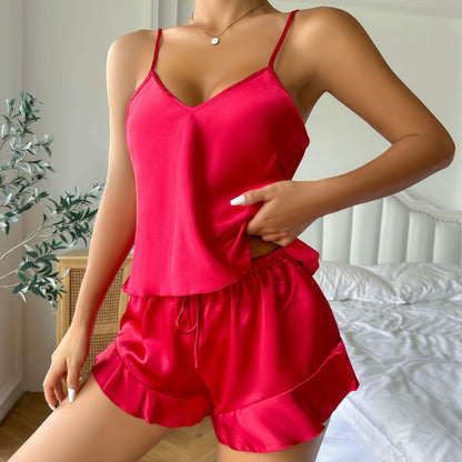 RedPeony Home Suit Cami Shorts Sleepwear Women's Sexy Silk Satin Ruffled Pajamas Sets