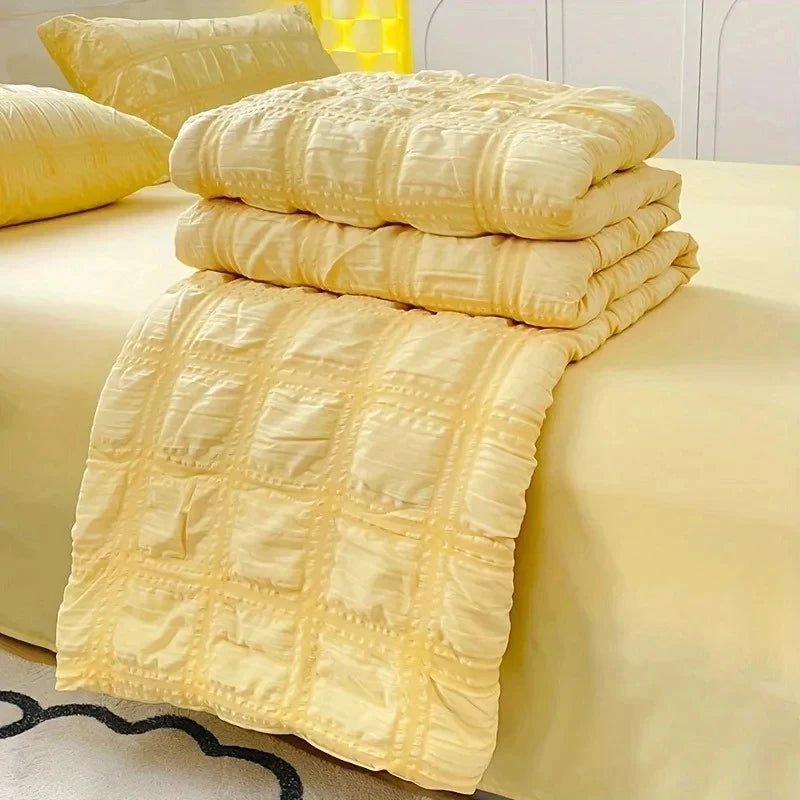 Breathable Light Seersucker Complete Bedding Set Soft All Year Quilt Linens Elegant Ornament For Bedroom Daily Sleep Time