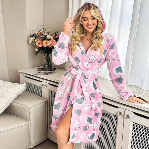 Women's Autumn/Winter Plush Loose-Fit Robe Long-Sleeved Double-Faced Velour Tie-Waist Warm Nightwear Homewear Morning Robe