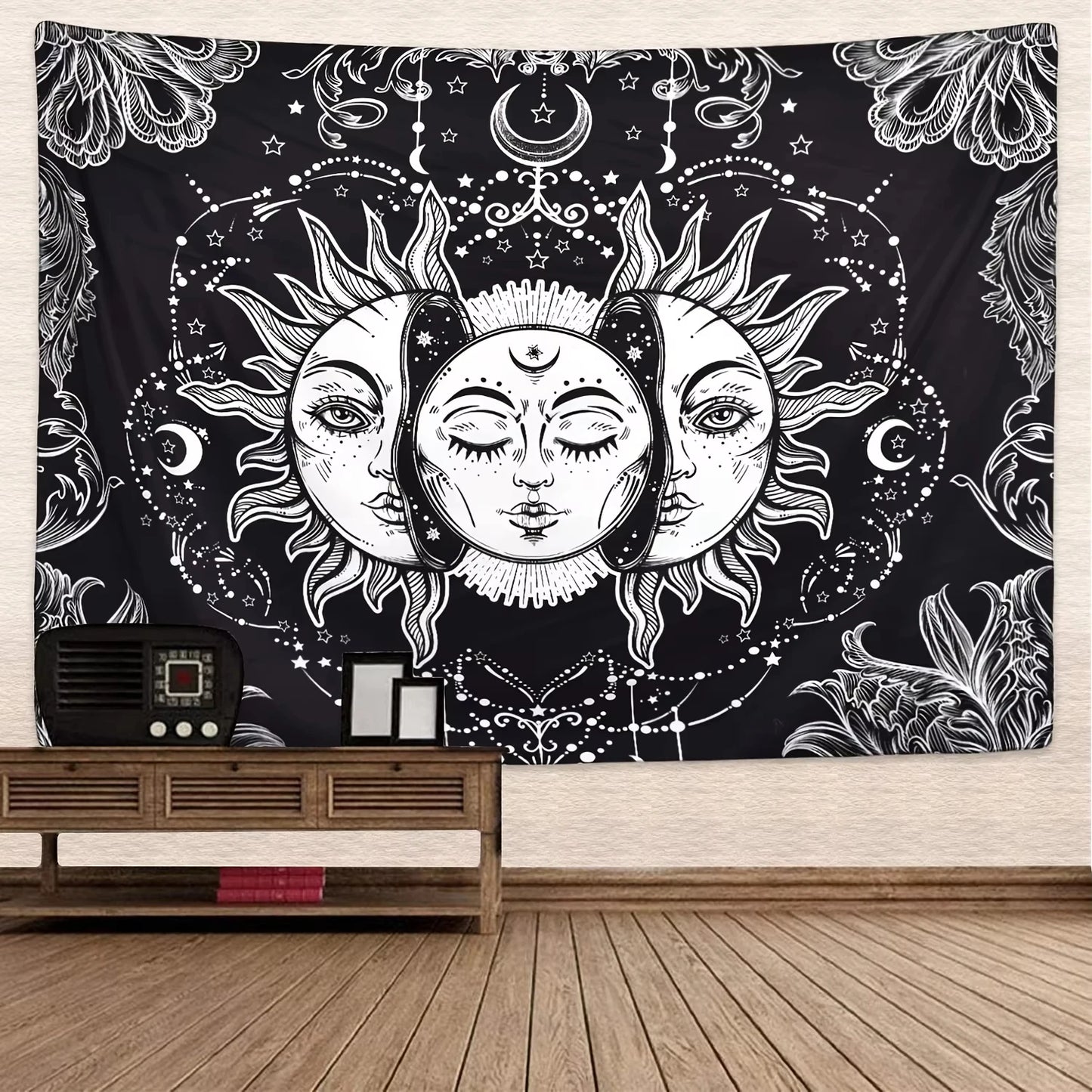 VIKAMA Star and Moon Embroidered Tapestry Constellation Boho Living Room Bedroom Meditation Room Decoration