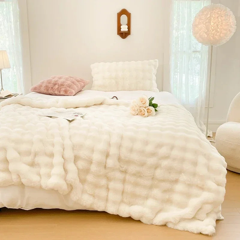 Soft and Cozy Toscana Rabbit Fur Blanket With Double-sided Bubble Fleece - Perfect for Office and Sofa Cover Warm Winter Bed