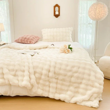 Soft and Cozy Toscana Rabbit Fur Blanket With Double-sided Bubble Fleece - Perfect for Office and Sofa Cover Warm Winter Bed