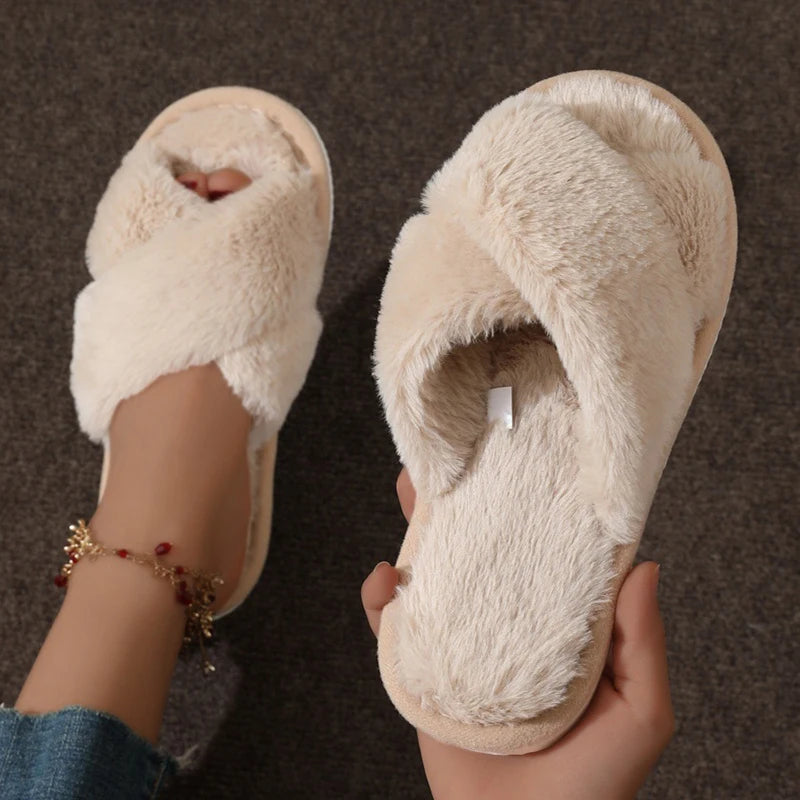 Fashion Women Fluffy Slippers Cross Band Soft Plush Cozy House Shoes Furry Open Toe Indoor Outdoor Slip Warm Anti-skid Sole