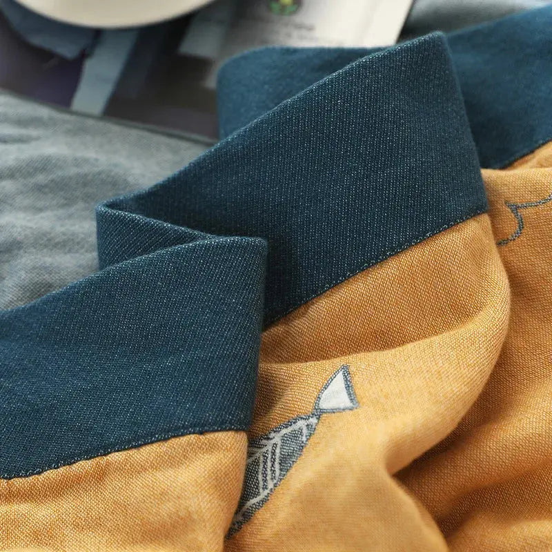 Reversible Cotton Gauze Blanket Lightweight 5-Layer Muslin Throw with Fish Pattern Breathable Soft Bedspread Nautical Home Decor