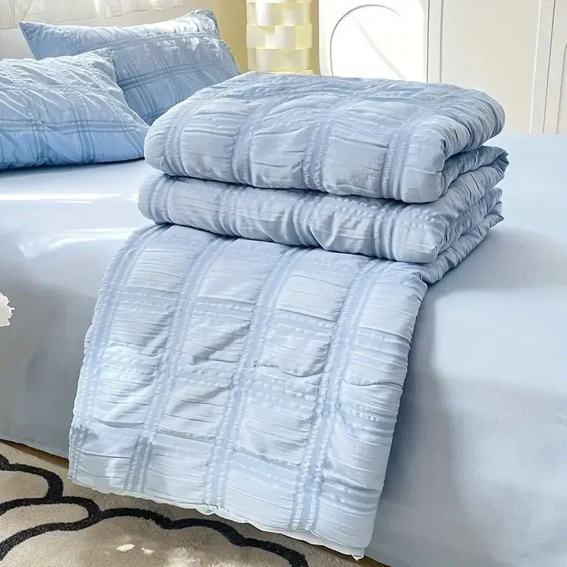 Breathable Light Seersucker Complete Bedding Set Soft All Year Quilt Linens Elegant Ornament For Bedroom Daily Sleep Time