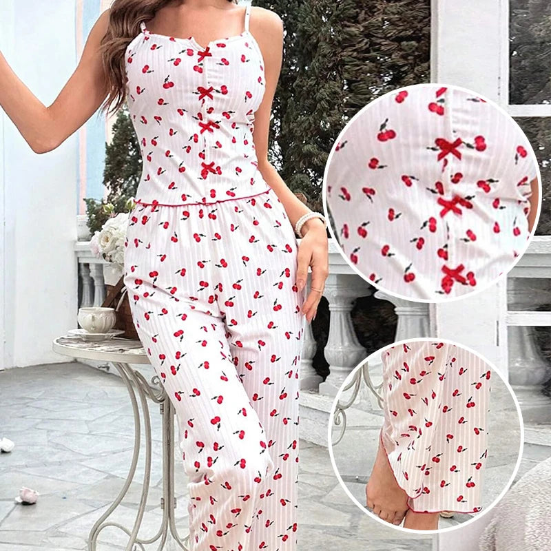 2-Piece Women's Sexy Transparent Mesh Lace Set with Ribbed Printed Strap Top and Pants Home Clothes Pajama Set