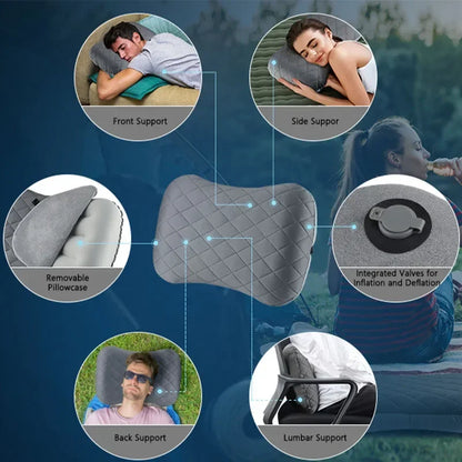 Ultralight Inflatable Camping Travel Pillow with Soft Washable Cover - Ergonomic Inflating Pillows for Neck & Lumbar Support