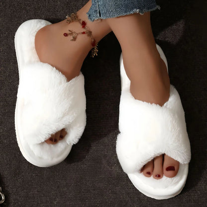 Fashion Women Fluffy Slippers Cross Band Soft Plush Cozy House Shoes Furry Open Toe Indoor Outdoor Slip Warm Anti-skid Sole