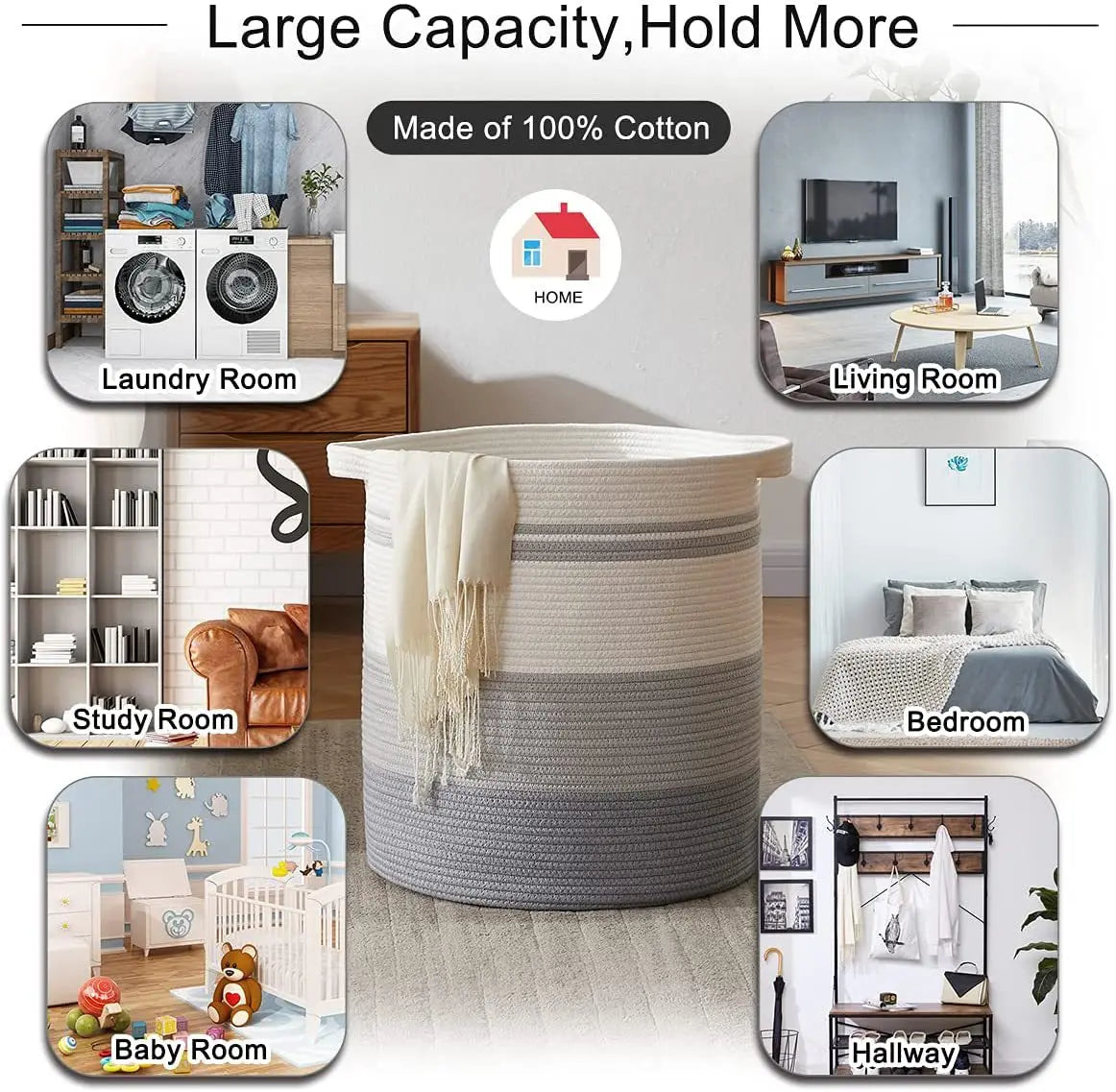 80L Laundry Baskets Hamper with Handles,Decorative Basket for Living room,Woven Storage Basket for Toys Bin,Pillows, Clothes