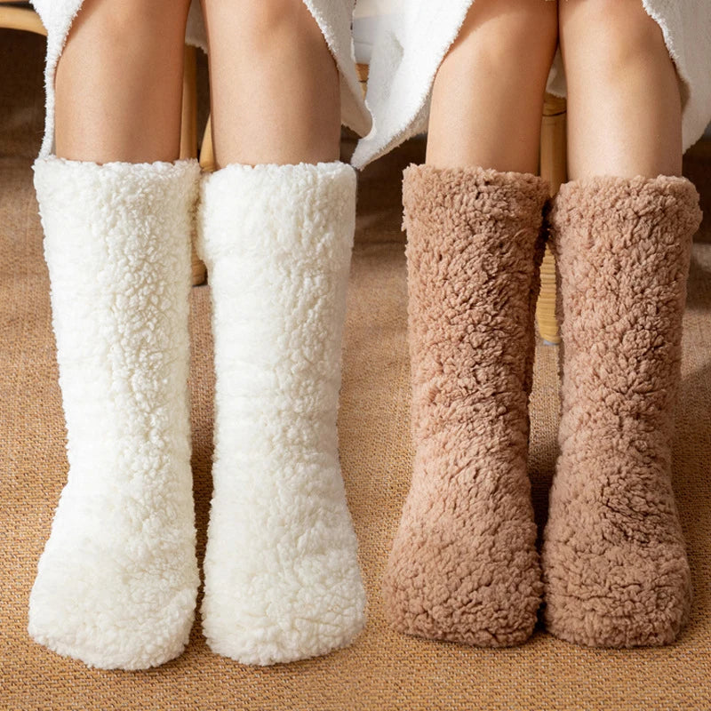 1pair Thickened Winter Woven Thermal Cashmere Floor Socks Solid Color Velvet Carpet Sleep Socks Anti Slip Floor Slipper Sock