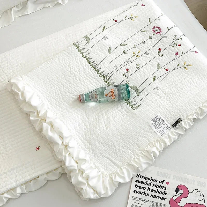 Flower Embroidered Spring Summer Blanket 4/3/1 Pcs Ruffled Quilted Summer Quilt Set Machine Washable Lightweight Comforter Duvet