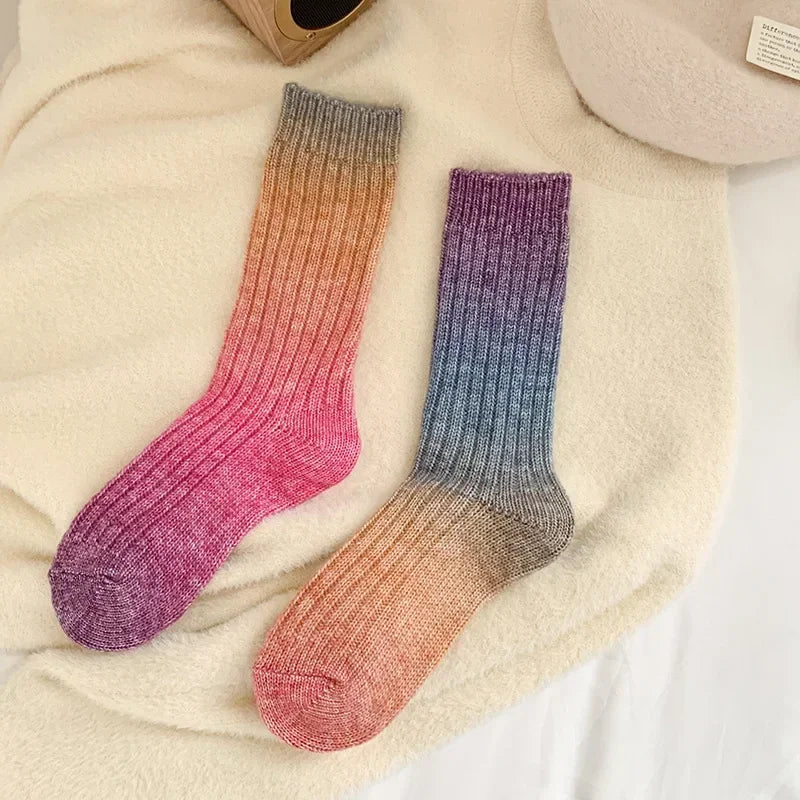 Winter Thick Warm Long Socks Gradient Wool Cashmere Kawaii Socks Women Thermal Floor Sleeping Socks New Year Gift Autumn 2024New
