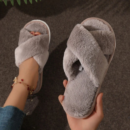 Fashion Women Fluffy Slippers Cross Band Soft Plush Cozy House Shoes Furry Open Toe Indoor Outdoor Slip Warm Anti-skid Sole