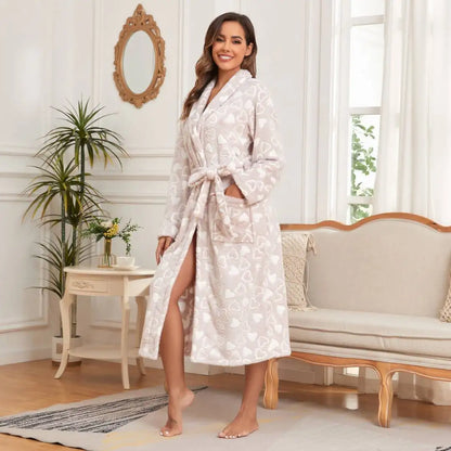 RONGTAI Womens Love print Bathrobe Ladies Fleece Plush Warm Long Robes Fleece Nightgown Sleepwear