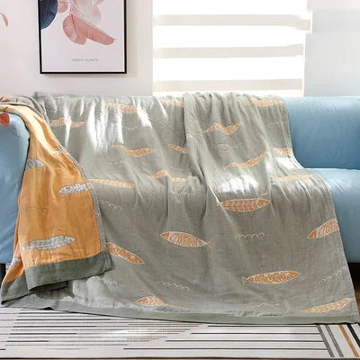 Reversible Cotton Gauze Blanket Lightweight 5-Layer Muslin Throw with Fish Pattern Breathable Soft Bedspread Nautical Home Decor