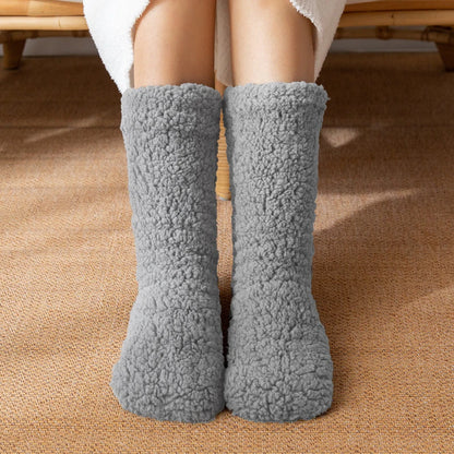 1pair Thickened Winter Woven Thermal Cashmere Floor Socks Solid Color Velvet Carpet Sleep Socks Anti Slip Floor Slipper Sock