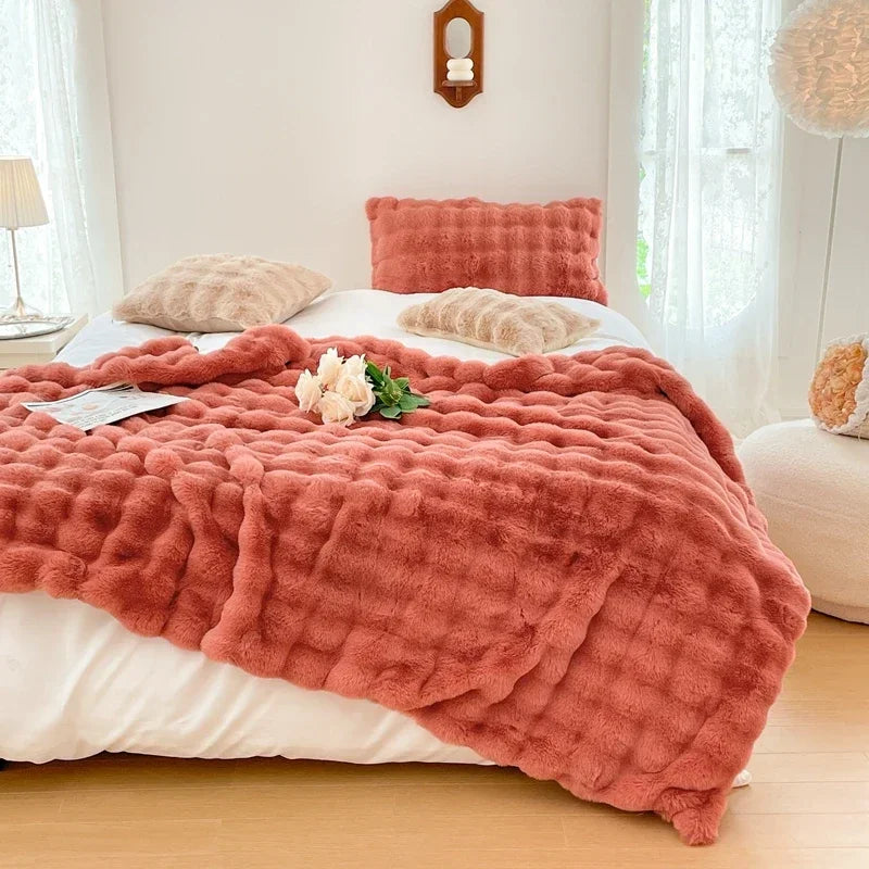 Soft and Cozy Toscana Rabbit Fur Blanket With Double-sided Bubble Fleece - Perfect for Office and Sofa Cover Warm Winter Bed