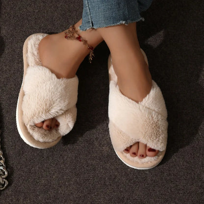 Fashion Women Fluffy Slippers Cross Band Soft Plush Cozy House Shoes Furry Open Toe Indoor Outdoor Slip Warm Anti-skid Sole