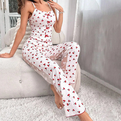 2-Piece Women's Sexy Transparent Mesh Lace Set with Ribbed Printed Strap Top and Pants Home Clothes Pajama Set