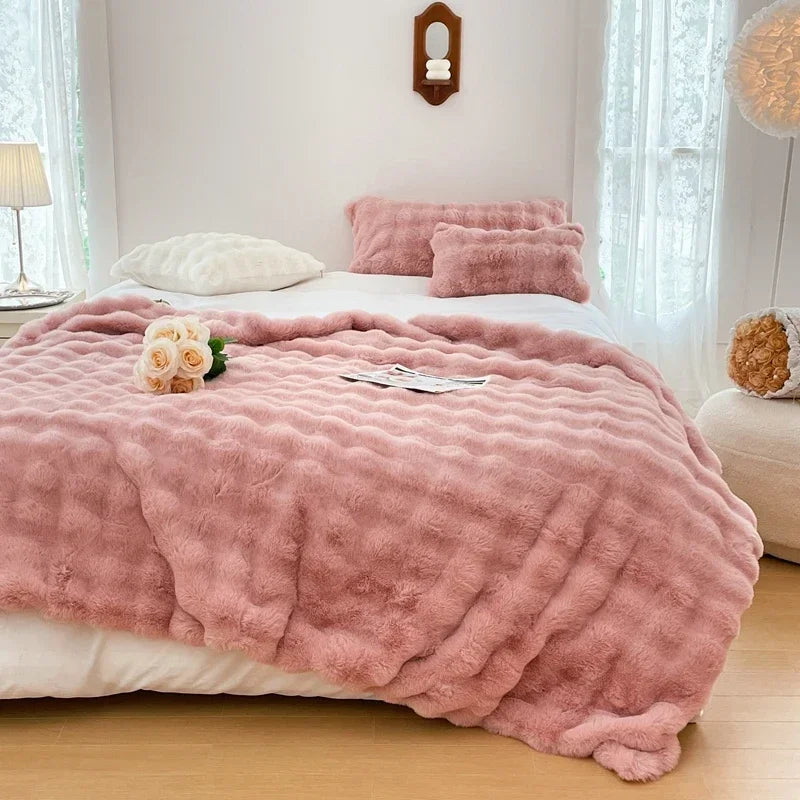 Soft and Cozy Toscana Rabbit Fur Blanket With Double-sided Bubble Fleece - Perfect for Office and Sofa Cover Warm Winter Bed