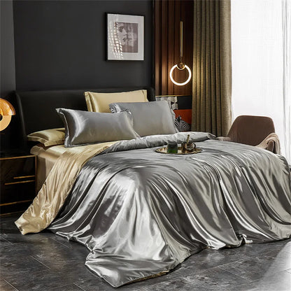 Solid Silk Bedding Set with Duvet Cover Bed Sheet Pillowcases Luxury Satin Single Double Bedsheet King Queen Twin Size