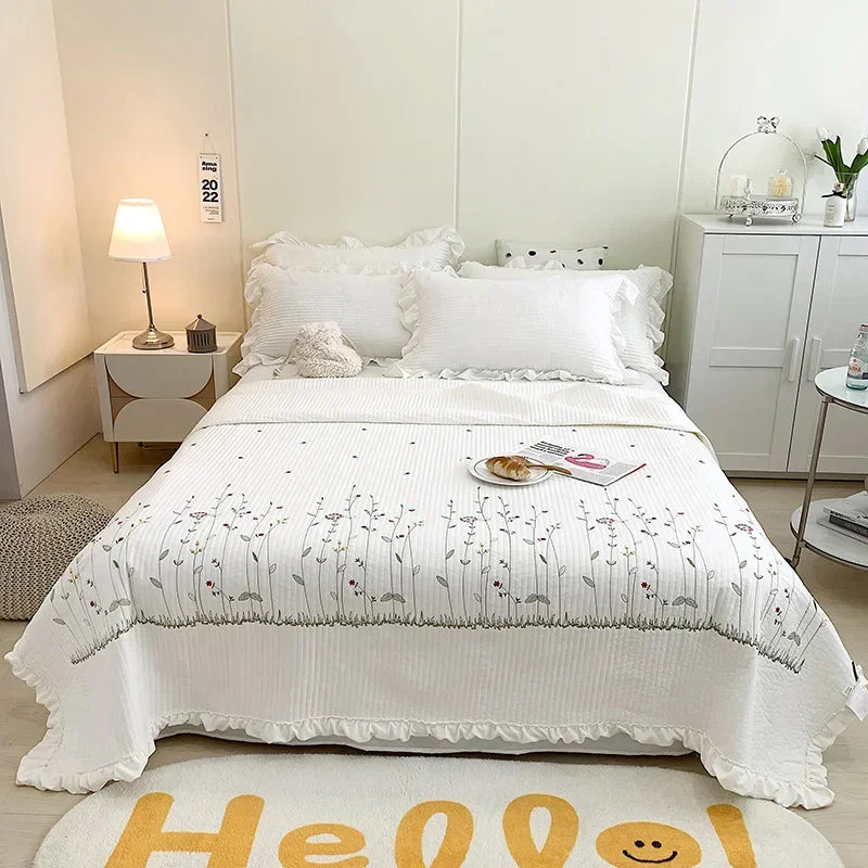 Flower Embroidered Spring Summer Blanket 4/3/1 Pcs Ruffled Quilted Summer Quilt Set Machine Washable Lightweight Comforter Duvet