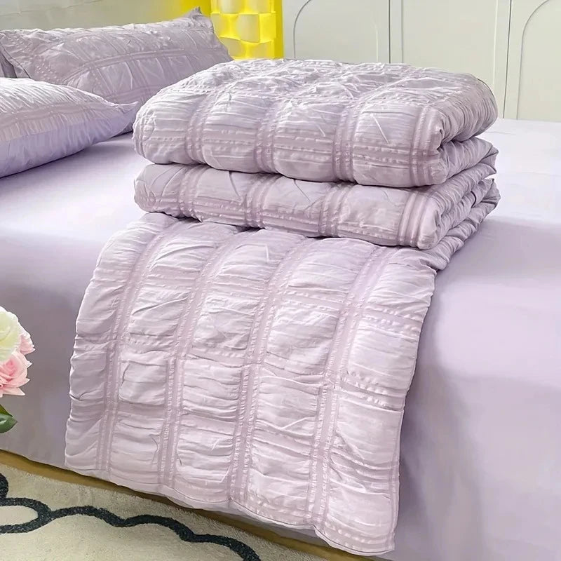 Breathable Light Seersucker Complete Bedding Set Soft All Year Quilt Linens Elegant Ornament For Bedroom Daily Sleep Time