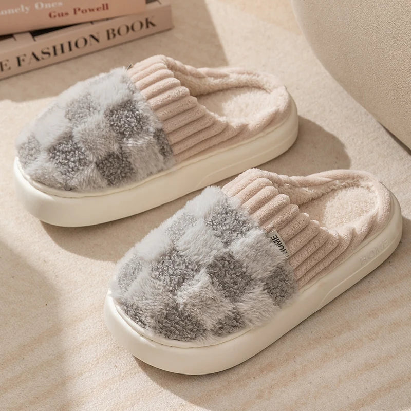 Cotton slippers for women spring autumn winter indoor anti slip home warm home winter fur plush couple men