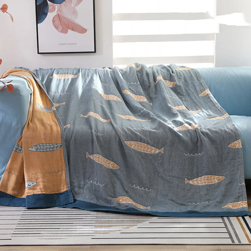 Reversible Cotton Gauze Blanket Lightweight 5-Layer Muslin Throw with Fish Pattern Breathable Soft Bedspread Nautical Home Decor