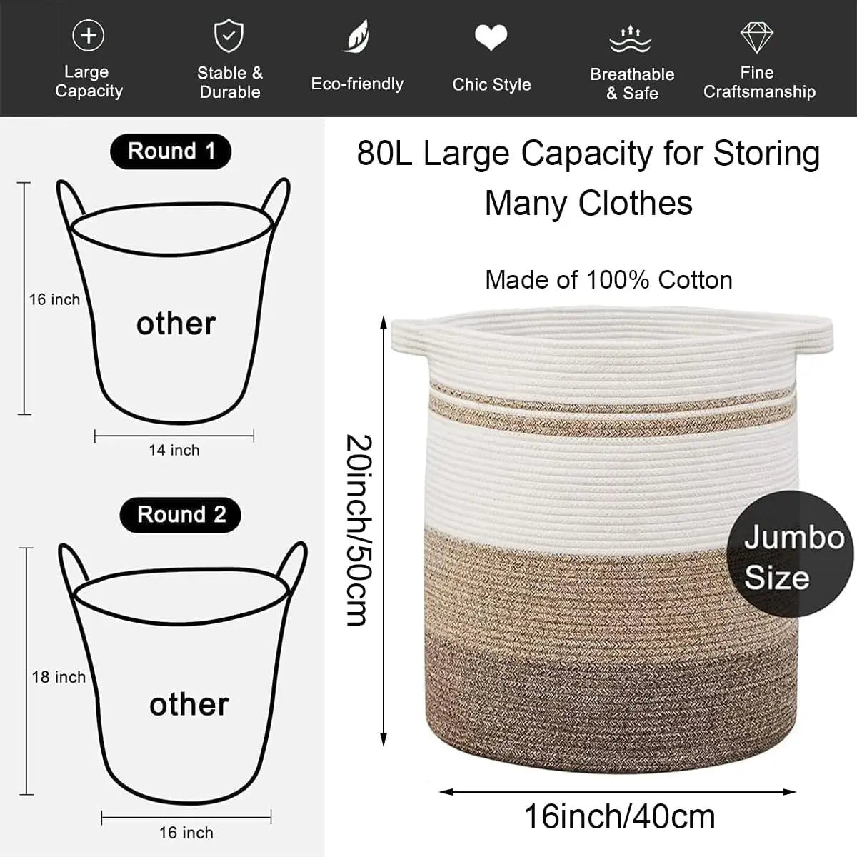 80L Laundry Baskets Hamper with Handles,Decorative Basket for Living room,Woven Storage Basket for Toys Bin,Pillows, Clothes