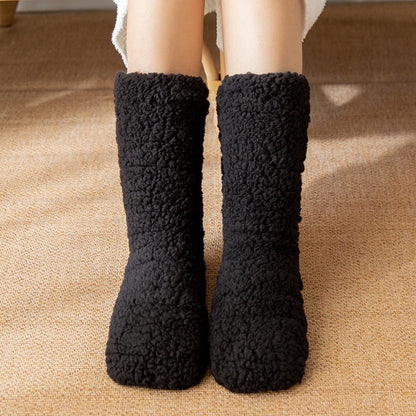1pair Thickened Winter Woven Thermal Cashmere Floor Socks Solid Color Velvet Carpet Sleep Socks Anti Slip Floor Slipper Sock
