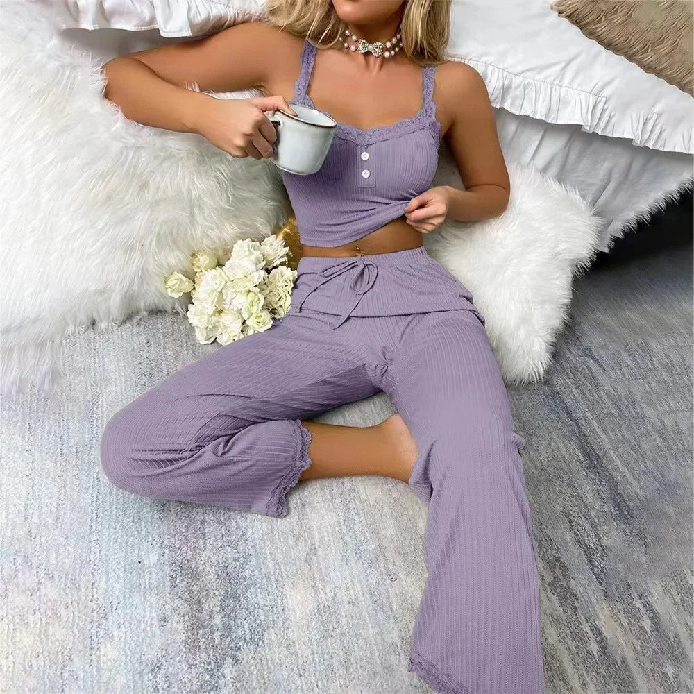 New Women's two-piece pajama set with solid color lace edging sexy slim fit suspender and pants soft and comfortable pajamas set