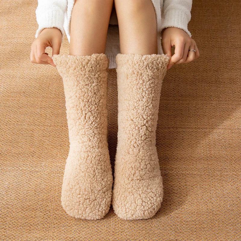 1pair Thickened Winter Woven Thermal Cashmere Floor Socks Solid Color Velvet Carpet Sleep Socks Anti Slip Floor Slipper Sock