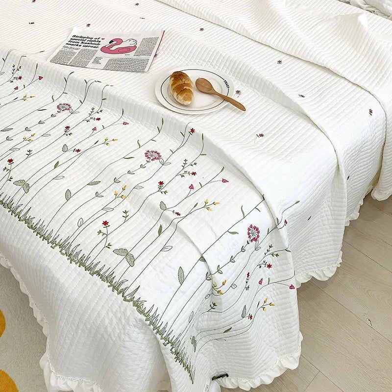 Flower Embroidered Spring Summer Blanket 4/3/1 Pcs Ruffled Quilted Summer Quilt Set Machine Washable Lightweight Comforter Duvet